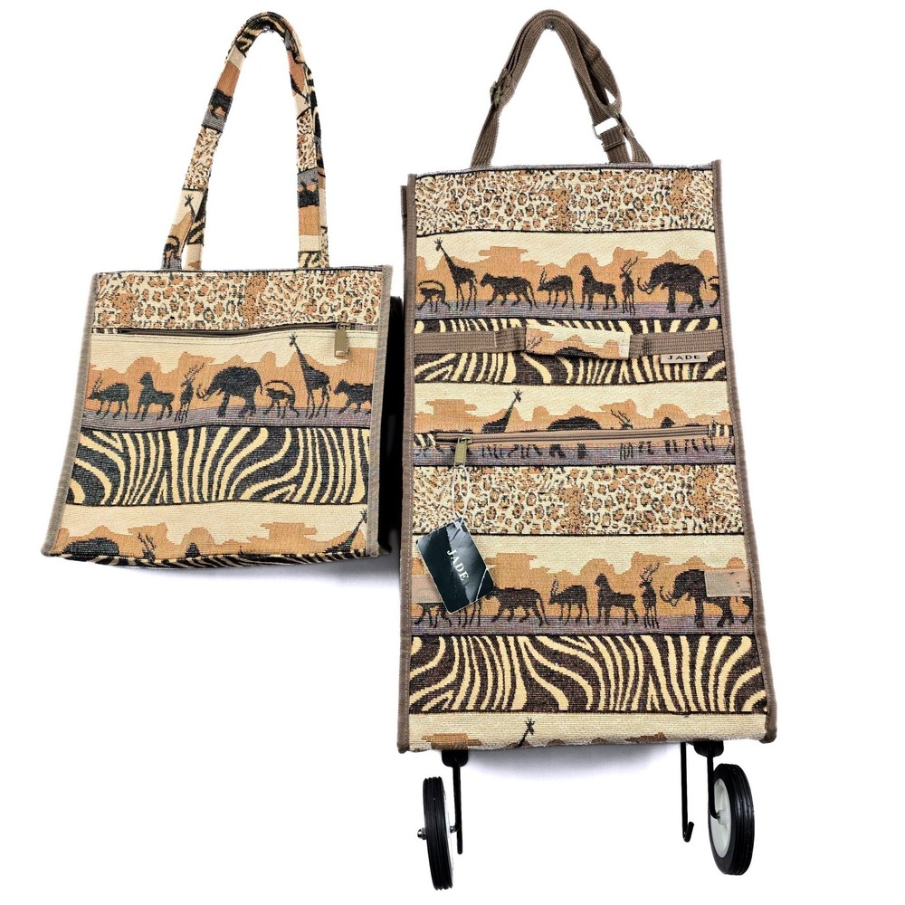 Jade 2pc Tapestry Safari Animal Print Rolling Shopping Trolley and Tote Bag Set